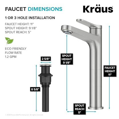 KRAUS Indy Bathroom Faucet for Vessel Sink in Spot-Free Brushed Nickel with Single Handle, Pop Up Drain and Supply Lines, KVF-1410SFBN - color: Spot Free Brushed Nickel, style: Vessel