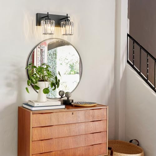 Black Crystal Bathroom Vanity Lights, Modern 2-Lights Bathroom Lighting Fixtures Over Mirror, Crystal Wall Lighting with Round Shade - color: Black-Round Shade, size: 2-Light