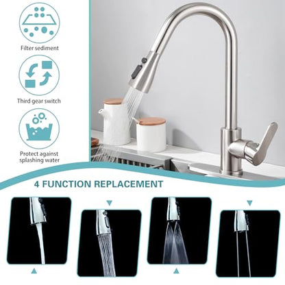 Kitchen Faucet Head Replacement 4 Modes, Pull Down Faucet Sprayer Head Nozzle Kitchen Sink Faucet Head with 11 Adapters (Nickel) - color: Nickel