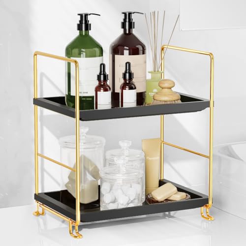 FSyueyun 2-Tier Bathroom Countertop Organizer, Makeup Organizer for Vanity | Gold Metal Frame with Black Plastic Shelf, Tool-Free Setup, Bathroom Counter Organizer Tray for Skincare, Perfume, Cosmetics - color: Gold & Black