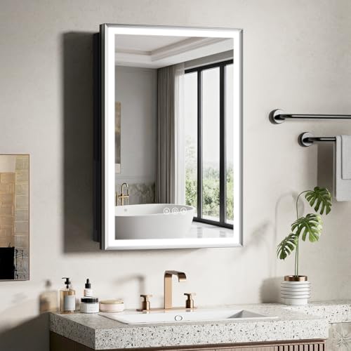 16x24 Inch Lighted Medicine Cabinet Silver Aluminum Frame 3-Color Dimmable LED Anti-Fog Mirror Surface & Recessed Mount for Bathroom Hotel Apartment Dressing Room Entryway - color: Silver, size: 16X24 IN