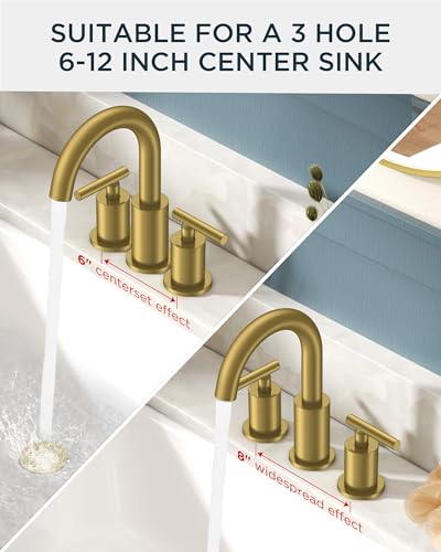 FORIOUS 2 Pack Widespread Brushed Gold Bathroom Faucet 3 Hole-Bulk Purchase | CUPC Widespread Gold Faucet Bathroom 3 Hole, 8 Inch Bathroom Sink Faucet Gold Vanity for Bath Renovation and Upgrading - color: Brushed Gold × 2, style: Modern