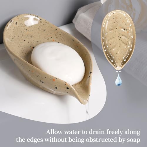 Soap Holder, Self Draining Soap Dish, Leaf Shape Bar Soap Holder Ceramic Drain Soap Dishes for Bathroom Sink Shower Kitchen, Easy to Clean Keeps Soap Dry, ANTIS'S HOME - color: Lightcurry-1pcs-enhanced Draining