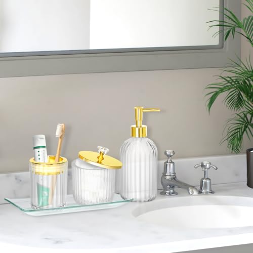 Bathroom Accessories Set, 4Pcs Clear and Gold Glass Bathroom Accessories Sets Complete w/Lotion Soap Dispenser, Toothbrush Holder, Apothecary Jar, Vanity Tray, Bathroom Decor | Kit w/ Bathroom Soap Dispenser Set, Toothbrush Holder, Qtip Holder, Vanity Tra