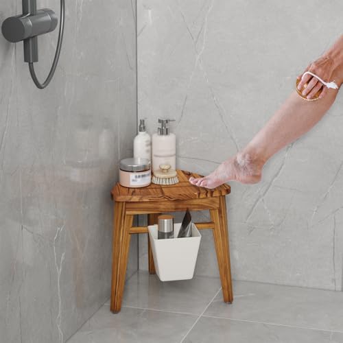 Kiasthome Teak Shower Bench, Waterproof Bathroom Teak Corner Shower Bench, Sturdy Non-Slip Bath Shower Foot Stool for Shaving Legs with Storage Basket