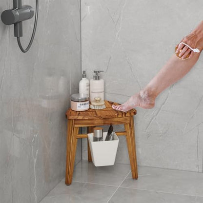 Kiasthome Teak Shower Bench, Waterproof Bathroom Teak Corner Shower Bench, Sturdy Non-Slip Bath Shower Foot Stool for Shaving Legs with Storage Basket