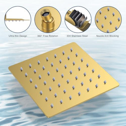 Rain Shower System 12" & 6" Dual Shower Heads, Wall Mount Shower Faucet Set | Ideal for bathroom remodels and upgrades with 12" rain shower, 6" angled shower, handheld spray and complete valve kit. - color: Brushed Gold, size: Wall Mounted - 12"+6" Shower