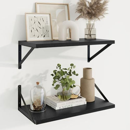 20 Inch Floating Shelves, 10 Inch Deep Black Wall Shelves Set of 2 | 20'' x 10'' Rustic Wood Shelves with Heavy Duty Brackets, Deep Shelves for Bathroom, Living Room, Engineered Wood, 35LBS - color: Black, size: 20W x 10D