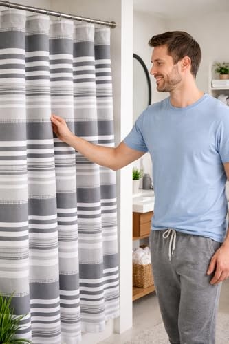 Charcoal Gray and White Fabric Shower Curtain, Cotton Blend Textured Striped Design, 72 x 72 Shower Curtain, Modern Aesthetic Bathroom Decor, Oasis Grey - color: Oasis Grey