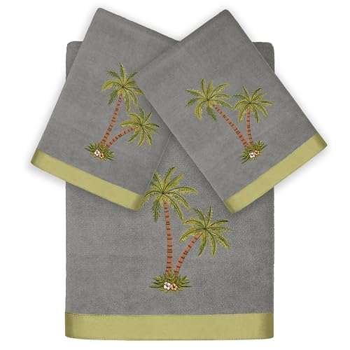 Flourish 3-Piece Towel Set, Embroidered Palm Tree Design, 100% Turkish Cotton, Super Absorbent & Luxurious, Tropical Bathroom Decor, 1 Bath 2 Hand Towels, Charcoal - color: Charcoal, size: 1 Pc Bath 2 Pcs Hand Towel