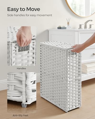 SONGMICS Slim Laundry Hamper with Lid, 14.5 Gallon (55L) Rattan Clothes Laundry Basket with Lid and Handles, Foldable, Removable Liner, Cloud White ULCB164W01 - color: Cloud White, size: 55 L