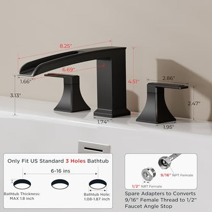 FORIOUS Roman Bathtub Faucet 3 Hole Deck Mount with 2 Handle Matte Black | Tub Faucet for 3-Hole Set, 6-12" Centered Distance, Widespread Garden Bath Tub, Waterfall Spout, High Flow, Brass - color: Matte Black