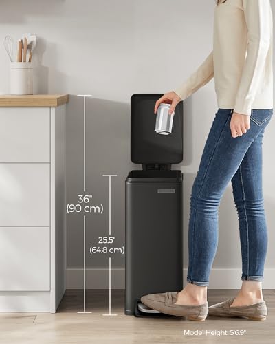 SONGMICS Slim Trash Can, 13-Gallon (50 L) Garbage Can for Narrow Spaces with Soft-Close Lid, Inner Bucket, and Step-on Pedal, Stainless Steel, 15 Trash Bags Included, Black ULTB510B48 - color: Black, style: 13 Gal.
