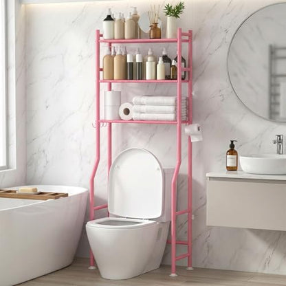 GloTika 3-Tier Over Toilet Storage, Anti-Tilt, 64" H, Pink | Anti-Tilt Safety System, 150lb Capacity, Carbon Steel, Freestanding, No Drilling, Anti-Rust Coating, Paper Holder & 4 Hooks - color: Pink, size: 3-Tier
