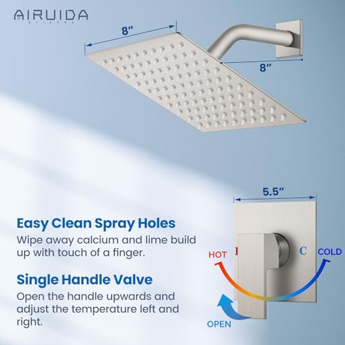 Airuida Brushed Nickel Shower Faucet Set,8 Inch Shower Valve Kit | Square Showerhead,Female Thread Rough-in Valve,Bathroom Rain Shower System,Single Function Handle - color: Brushed Nickel