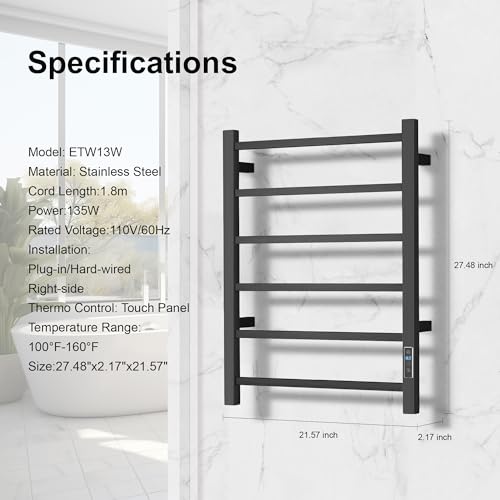 Electric Heated Towel Warmer - Wall Mounted Bathroom Towel Rack, Plug-in Design & Brushed Stainless Steel Black with Timer & Temperature Control 6 Bar - color: Square Black With Timer, size: 6 Bar
