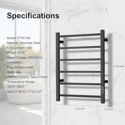 Electric Heated Towel Warmer - Wall Mounted Bathroom Towel Rack, Plug-in Design & Brushed Stainless Steel Black with Timer & Temperature Control 6 Bar - color: Square Black With Timer, size: 6 Bar