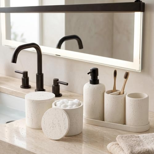 Bathroom Accessories Set,4 PCS Travertine Stone Look Collection,Cream | Modern Bath Organizer with 13.53OZ Soap Dispenser,Toothbrush Holder,Tumbler,Vanity Tray,2PCS Cotton Swab Jars for Countertop - color: Cream 6 Pcs