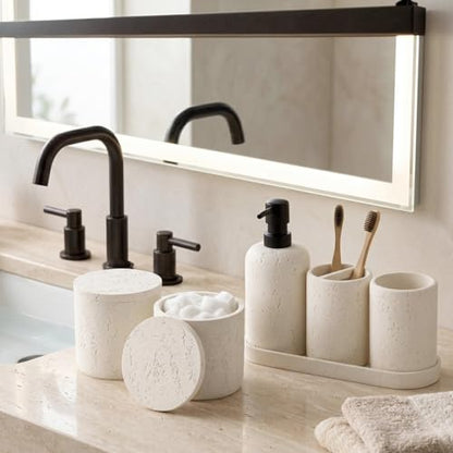 Bathroom Accessories Set,4 PCS Travertine Stone Look Collection,Cream | Modern Bath Organizer with 13.53OZ Soap Dispenser,Toothbrush Holder,Tumbler,Vanity Tray,2PCS Cotton Swab Jars for Countertop - color: Cream 6 Pcs