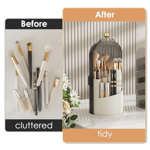 YOOLENS Makeup Brush Holder with Lid 360 Rotating Clear Dustproof Make Up Organizers for Vanity Bathroom Countertop, Gray - color: Gray