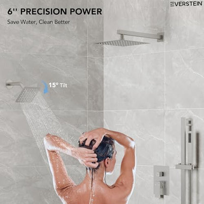 EVERSTEIN 10" High-Pressure Rainfall Shower Faucet with Handheld Spray, Wall Mount Dual Shower Head System with Slide Bar (Brushed Nickel) - color: Nickel, style: Wall Mount-with Slide Bar