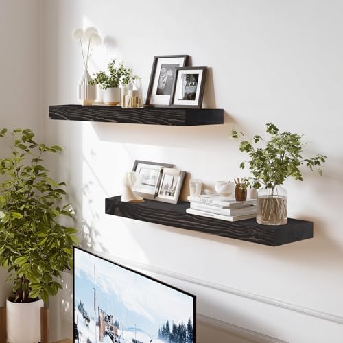 Solid Wood Floating Shelves, 24 Inch Wall Shelves, Set of 2, Black | 8 Inch Deep, 1.6 Inch Thick, Extra-Wide Display Space, Mounting Hardware Included, For Kitchen, Bathroom and Living Room - color: Black, size: 24x8x1.6