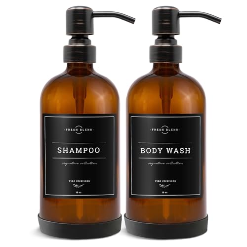 Vine Creations Amber Glass Soap Dispenser, 2 Pack Kitchen Soap Dispenser Set with Stainless Steel Pump, 16 oz Dish Soap and Hand Soap Dispensers for Bathroom with Waterproof Labels - color: Amber Bottle / Round Oil Rubbed Bronze Pump
