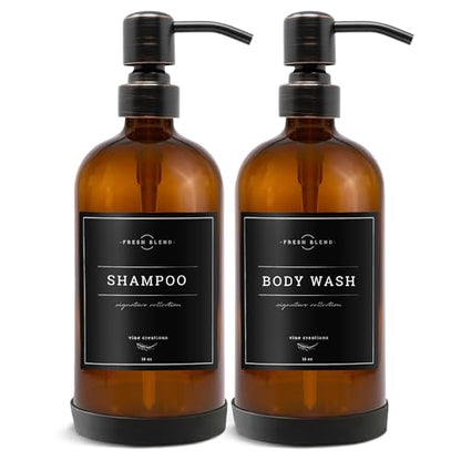 Vine Creations Amber Glass Soap Dispenser, 2 Pack Kitchen Soap Dispenser Set with Stainless Steel Pump, 16 oz Dish Soap and Hand Soap Dispensers for Bathroom with Waterproof Labels - color: Amber Bottle / Round Oil Rubbed Bronze Pump