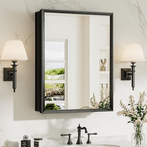 20 x 26 Mirror Medicine Cabinet for Bathroom, Assembly Required, Black Recessed Medicine Cabinet with Mirror, Steplessly Adjustable Shelves, Beveled Aluminum Frame, Tempered Glass - color: Black, size: 20x26 in