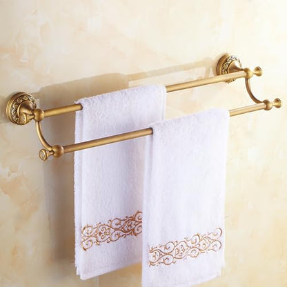 Wall Mounted Bathroom Double Towel Rack, Towel Bar Adjustable 15.5 to 27.5 Inch Antique Brass Pattern Carving,Brushed Bronze