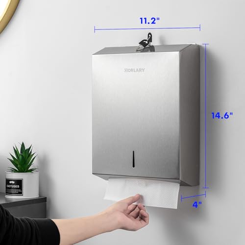 Gorlary Paper Towel Dispenser Wall Mount Commercial, Silver, Lockable | Brushed Stainless Steel, Fits C-Fold Multifold Trifold Paper Towels, Fingerprint Resistant, Touchless Hand Towels holder - color: Large-silver