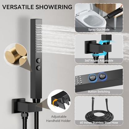 Thermostatic Shower System,Shower Faucet Set,12 Inch Ceiling Mounted and 6 Inch Wall Mount Rain Shower Head with 2 in 1 Handhled,Push Button Diverter Dual Shower Head Combo Set Matte Black - color: Matte Black, size: 12"-2