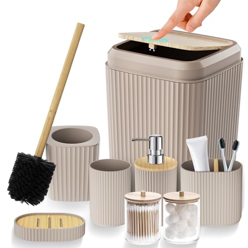 Bathroom Accessories Set - Unbreakable Beige Bathroom Set, Trash Can, Toilet Brush with Holder, Soap Dispenser, Toothbrush and Toothpaste Holder, Tumbler Cup, Soap Dish, Qtip Holder, Bamboo Decor - color: Beige, size: 8 Pieces