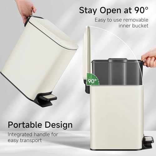TIPGO Slim Bathroom Trash Can with Lid Soft Close, 6 Liter / 1.6 Gallon Stainless Steel Garbage with Removable Inner Bucket, Small Trash Bins for Bedroom, Office (Cream) - color: Cream
