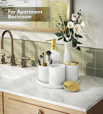6Pcs White&Gold Bathroom Accessories Set with Tray, Bathroom Counter Sets | Perfect For Creating A Clean, Modern Bathroom Countertop In Apartments, Master Bathrooms, Guest Bathrooms And Airbnb Spaces. - color: White&gold