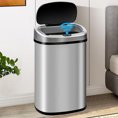 13 Gallon Trash Can with Lid, Automatic Kitchen Trash Cans 50 L Motion Sensor Garbage Can, Brushed Stainless Steel TrashCan for Home Office Bathroom, Sliver