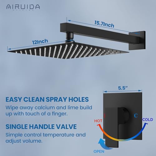 Airuida Shower Faucet Set,12 Inch Shower Valve Kit,Matte Black | Male Threads,Rough-in Valve Shower Trim Kit,Single Handle Control Shower Set - color: Matte Black, size: 12 Inch