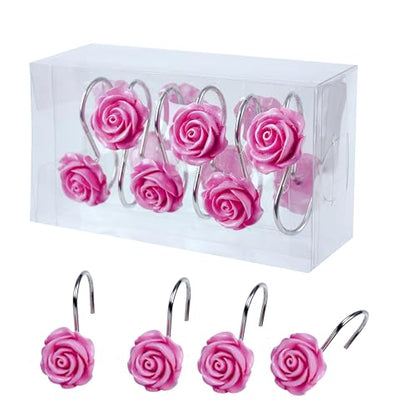 Twofish Home Pink Rose Flower Shower Curtain Hooks Anti Rust Shower Curtain Hooks Decorative Resin Pink Rose Flower Shower Curtain Rings Set of 12 - color: Pink Rose