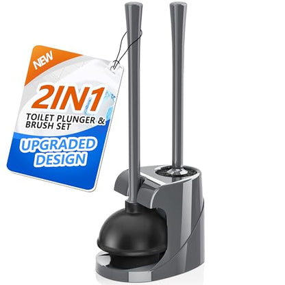 TRENTI Toilet Plunger and Brush with Holder, Bowl Brush and Heavy Duty Toilet Plunger Set for 5.7-inch Toilet Drain, 2-in-1 Bathroom Cleaning Combo with Modern Caddy Stand (Gray) | Toilet Plunger and Brush with Holder, Bowl Brush and Heavy Duty Toilet Plu