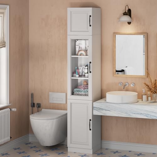 Sweet Memory 86 Inch Tall Bathroom Storage Cabinet, Thin Bathroom Organizer with 5 Tier Shelves and Glass Door, Freestanding Small Space Storage Cabinet for Bedroom, Laundry Room, Kitchen