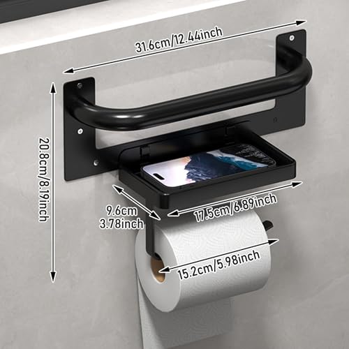 Toilet Paper Holder with Assist Bar - Matte Black Bathroom Safety Handle Wall Mount with Toilet Roll Holder and Shelf 300lbs Weight Support Grab Bar for Bathtubs and Showers