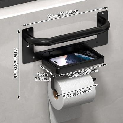 Toilet Paper Holder with Assist Bar - Matte Black Bathroom Safety Handle Wall Mount with Toilet Roll Holder and Shelf 300lbs Weight Support Grab Bar for Bathtubs and Showers