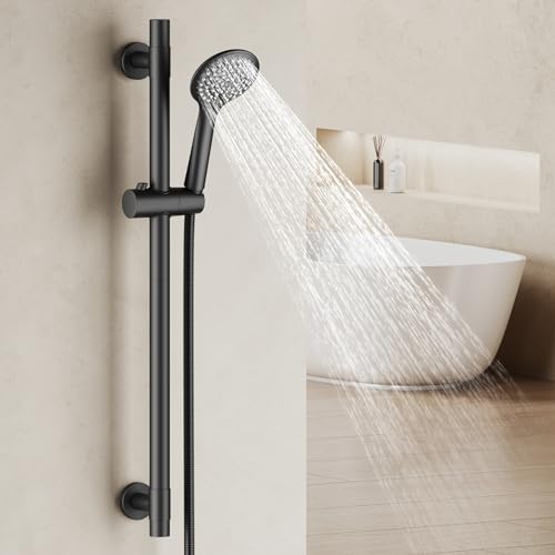 Shower Slide Bar Handheld Shower Head with Hose, 5-Function Hand Shower with Wall Mount，shower slide bar,adjustable height shower head (A-round, Matte Black) - color: Matte Black