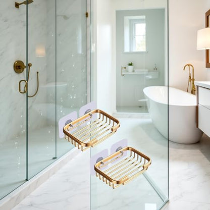 2Pcs Gold Soap Dish for Shower Creative Hanging Drain Rack,Self Adhesive Soap Dish Holder,Soap Holder Soap Dish Storage Rack,Damage Free Hanging Bathroom Drill Free Bathroom Accessories Soap Dishes