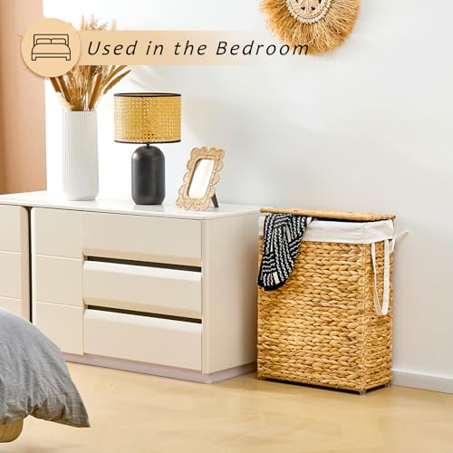 Handwoven Slim Laundry Hamper with Lid, Narrow Wicker Laundry Basket, Natural Water Hyacinth Basket and Handleswith Removable Liner Bag & 2 Mesh Bags (Natural with Lid, 55L) - color: Hyacinth with Lid, size: 55L