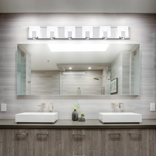 SOLFART Vanity Lighting Fixtures Stainless Steel Acrylic Chrome Vanity Lights Modern LED 6 Lights Bathroom Light - color: Chrome,Spotlight Model-6000K,100% Brightness, size: 6- Light,41Inch