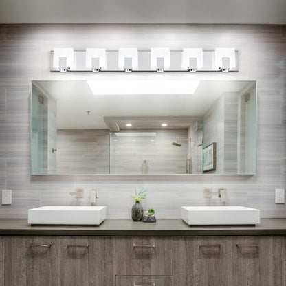 SOLFART Vanity Lighting Fixtures Stainless Steel Acrylic Chrome Vanity Lights Modern LED 6 Lights Bathroom Light - color: Chrome,Spotlight Model-6000K,100% Brightness, size: 6- Light,41Inch