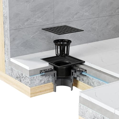 Neodrain 4 Inch Matte Black Square Shower Drain High Flow Floor Drain | Low Profile Drain Cover Removable Stainless Steel 304 Grate with Hair Catcher,Lifting Hook and PVC Drain Base - color: Matte Black, size: 4 In