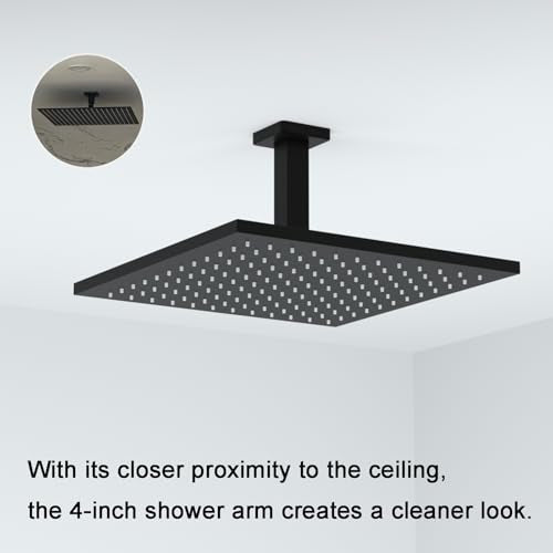 Matte Black Shower Arm with Flange Square Stainless Steel Ceiling Mount Shower Extension Arm Pipe for Shower Head, 4 inch Short - color: Matte Black