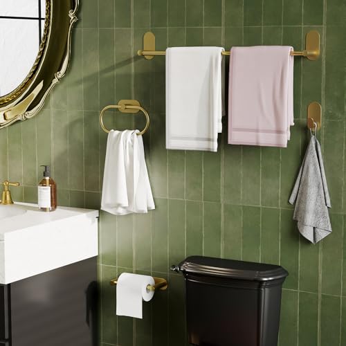 Adhesive Towel Holder for Bathroom Brushed Gold No Drill Hand Towel Ring Stainless Steel and Zinc Alloy Self Adhesive Towel Hanger for Bath, Kitchen - color: Brushed Gold
